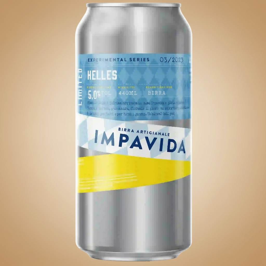 A can of Impavida Helles beer, experimental series, 5.0% ABV, 440ml.