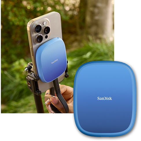 Un SSD SANDISK Creator Phone montato su un impianto di ripresa per iPhone, con una vista più ampia del prodotto accanto, su uno sfondo verde esterno.