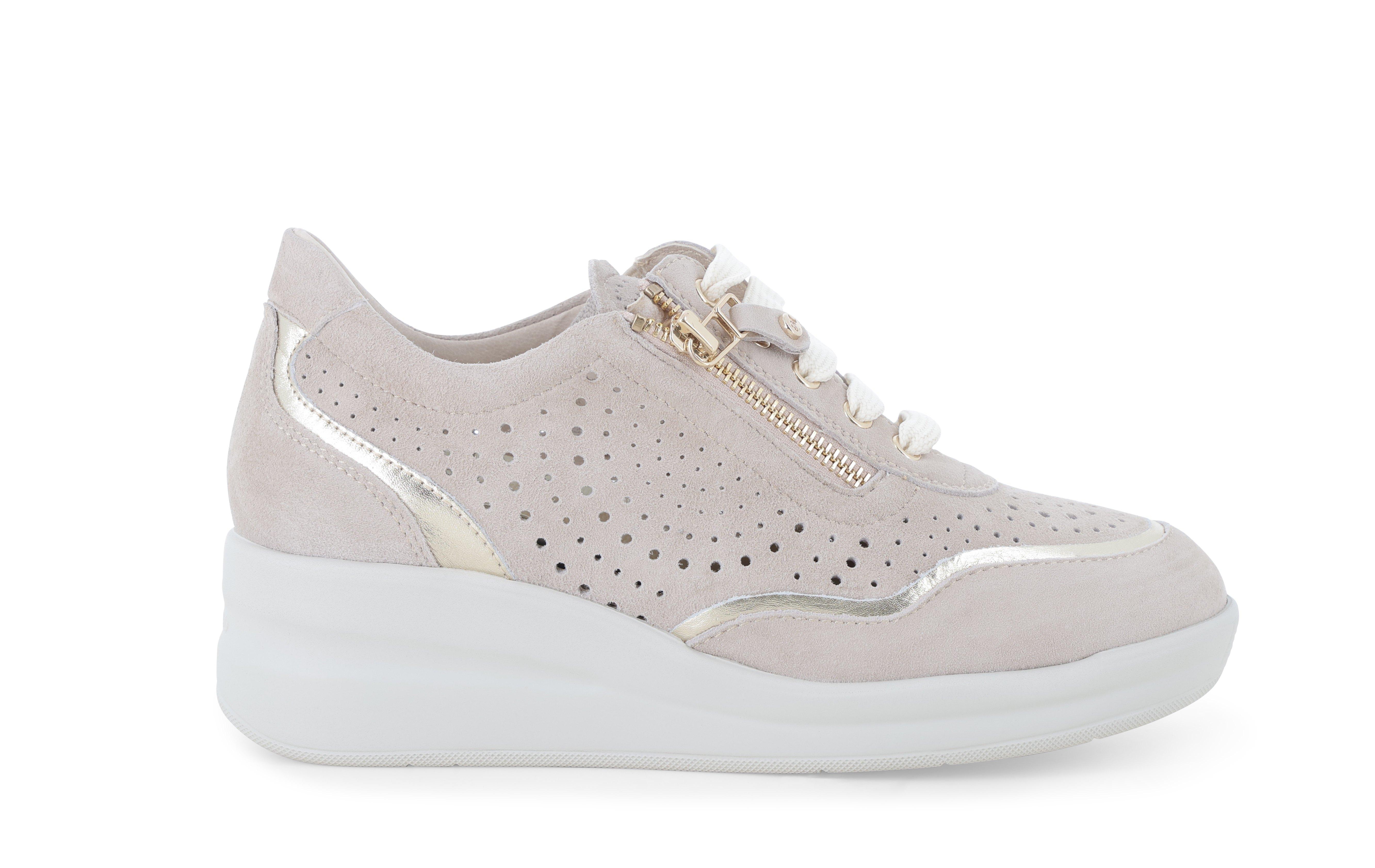 Sneakers beige in camoscio traforata con zip e profili oro r20258q