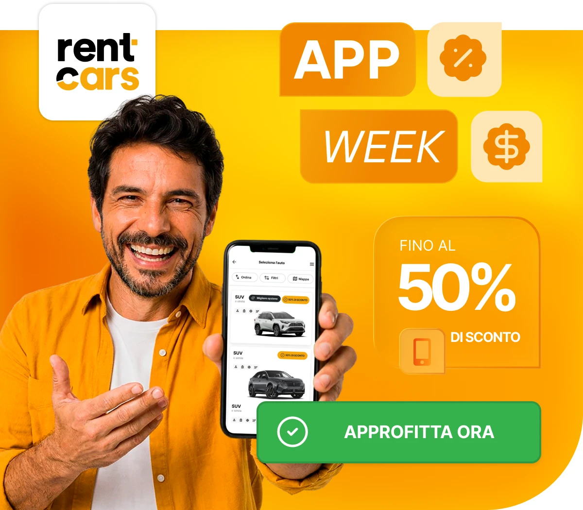 Rentcars: App Week. Fino al 50% di sconto. Rentcars: App Week. Fino al 50% di sconto.