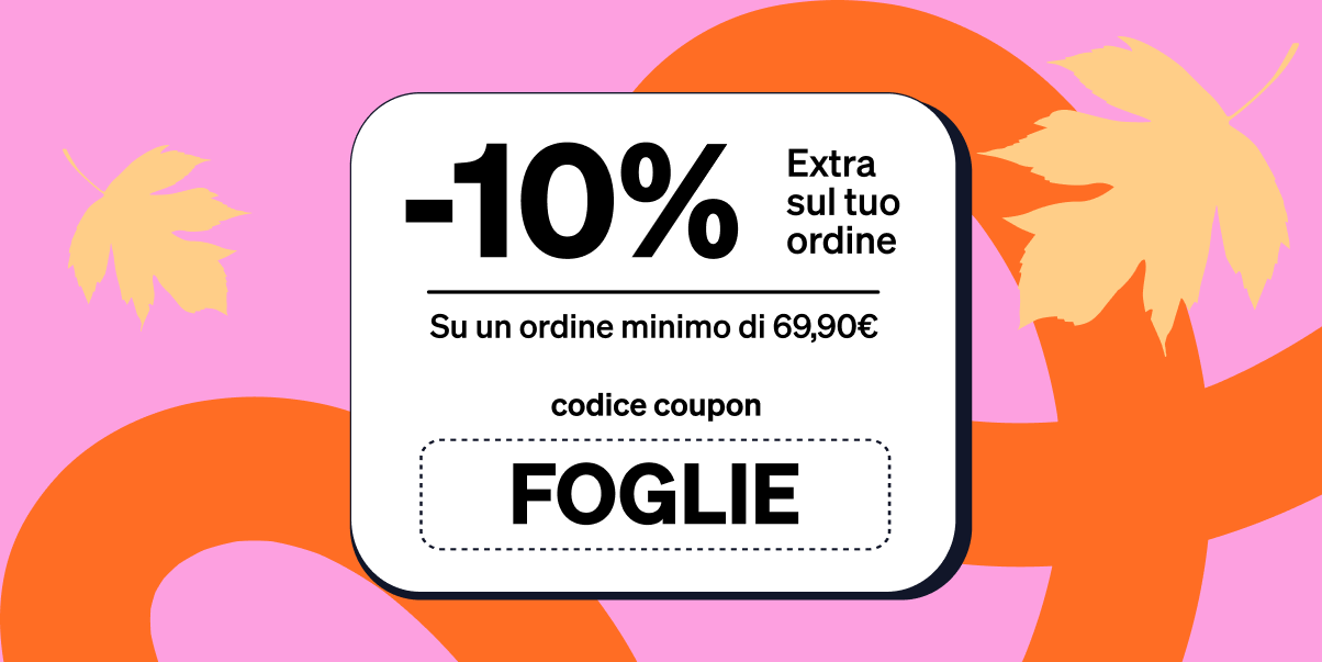 Autumn sale graphic showing repeated white coupon cards with “-10%” extra, coupon code FOGLIE, on pink background with orange shapes and falling leaves