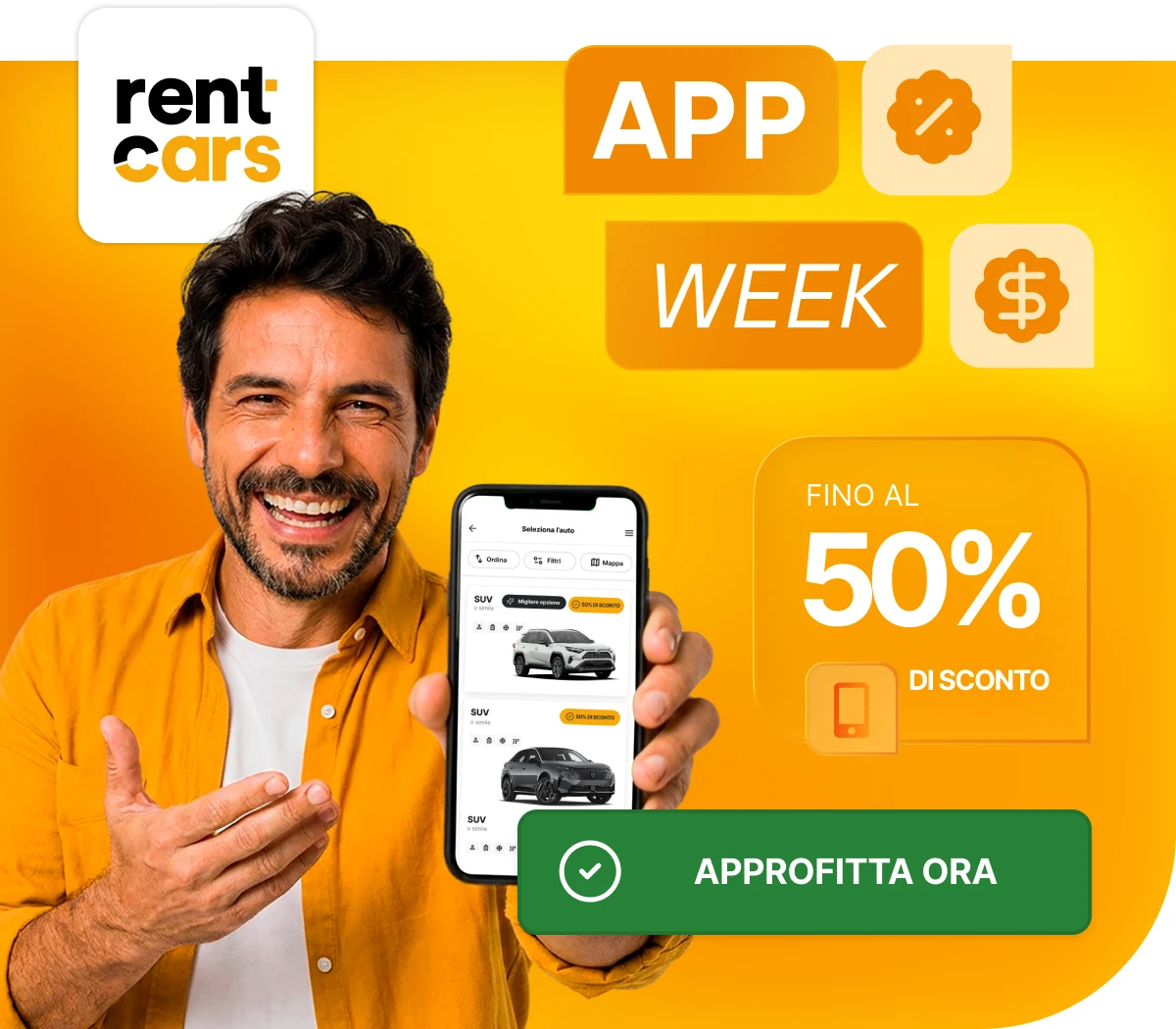 Rentcars: App Week. Fino al 50% di sconto. Rentcars: App Week. Fino al 50% di sconto.
