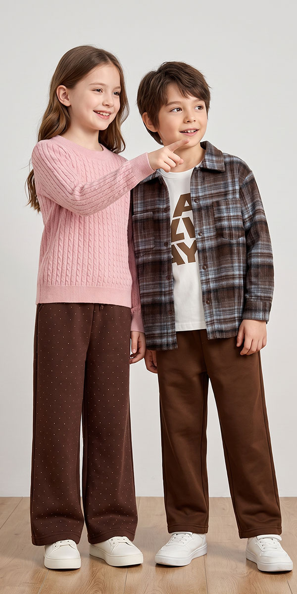 Smiling school-age girl pointing beside smiling boy in casual autumn outfits on neutral studio background