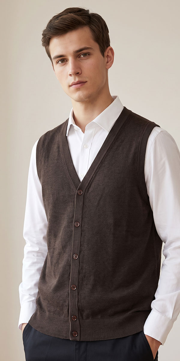 Young man wearing white shirt and brown buttoned V-neck sleeveless sweater vest, hands in pockets, neutral background