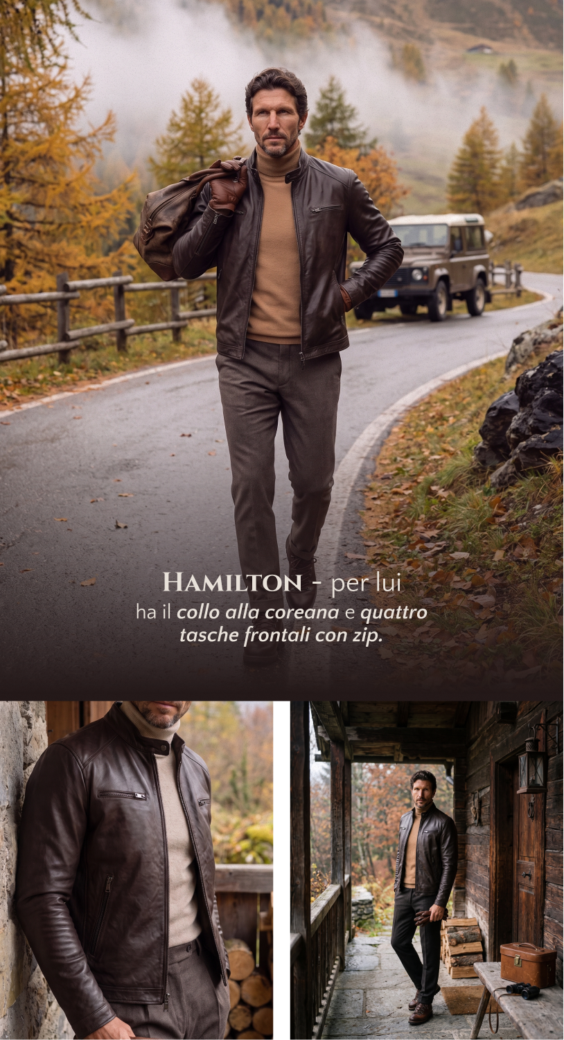 Hamilton per lui: collo alla coreana, quattro tasche frontali con zip e dettagli della giacca in pelle testa di moro.