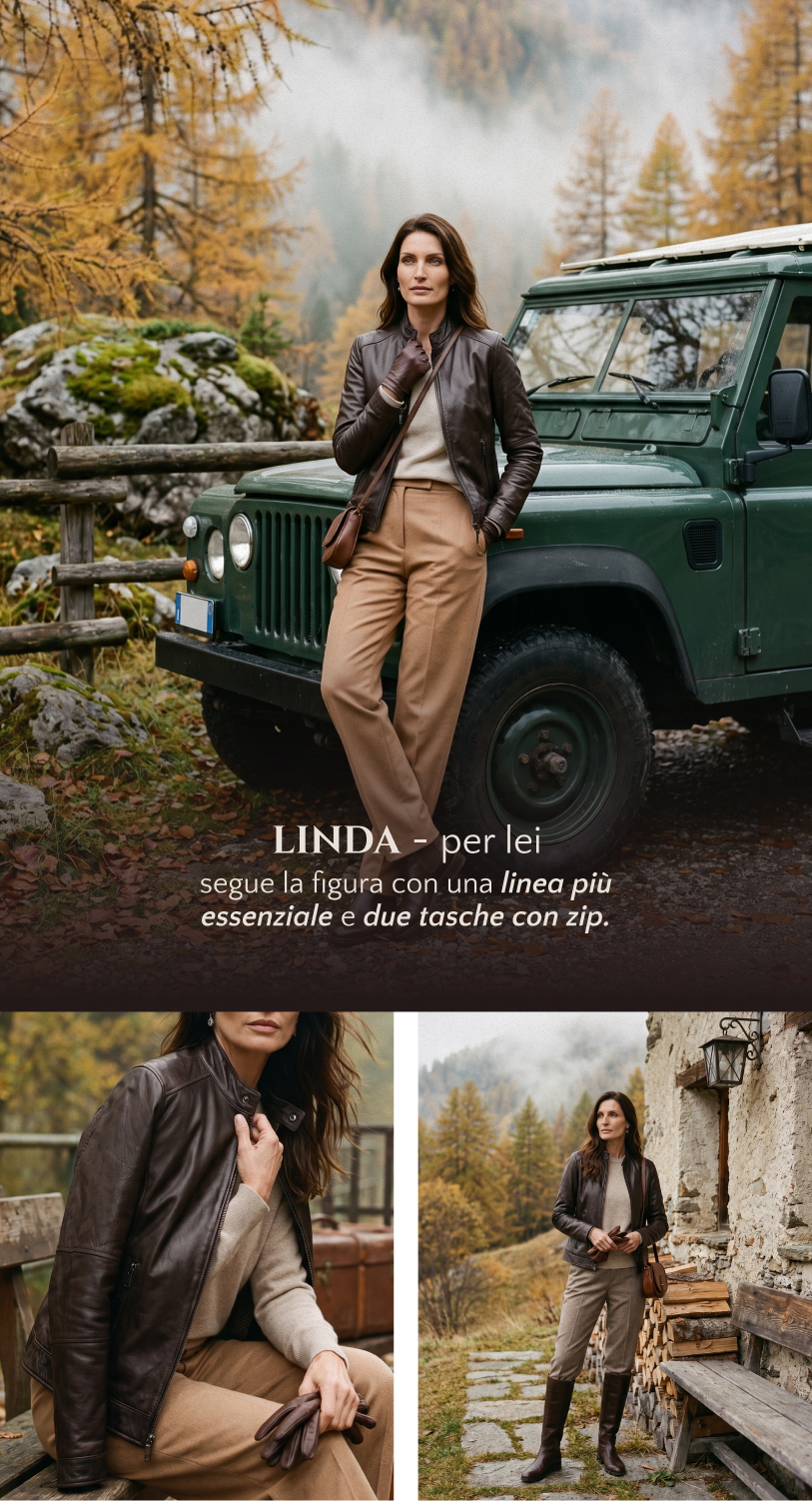 Linda per lei: linea essenziale, due tasche con zip e dettagli della giacca in pelle testa di moro.