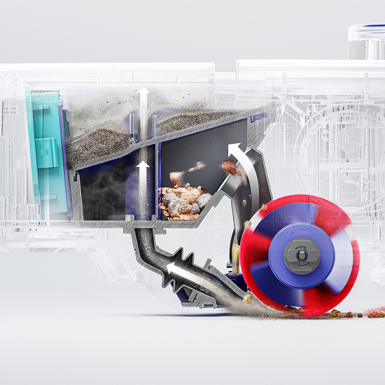 La sezione trasversale mostra il sistema Dyson Twin-capture all'interno del robot aspirapolvere lavapavimenti Dyson R1 Nurovi Dry