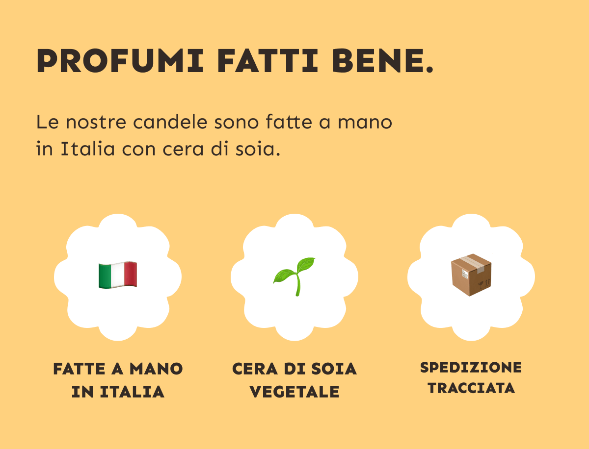 Profumi fatti bene. Le nostre candele sono fatte a mano in Italia con cera di soia. Fatte a mano in Italia. Cera di soia vegetale. Spedizione tracciata.