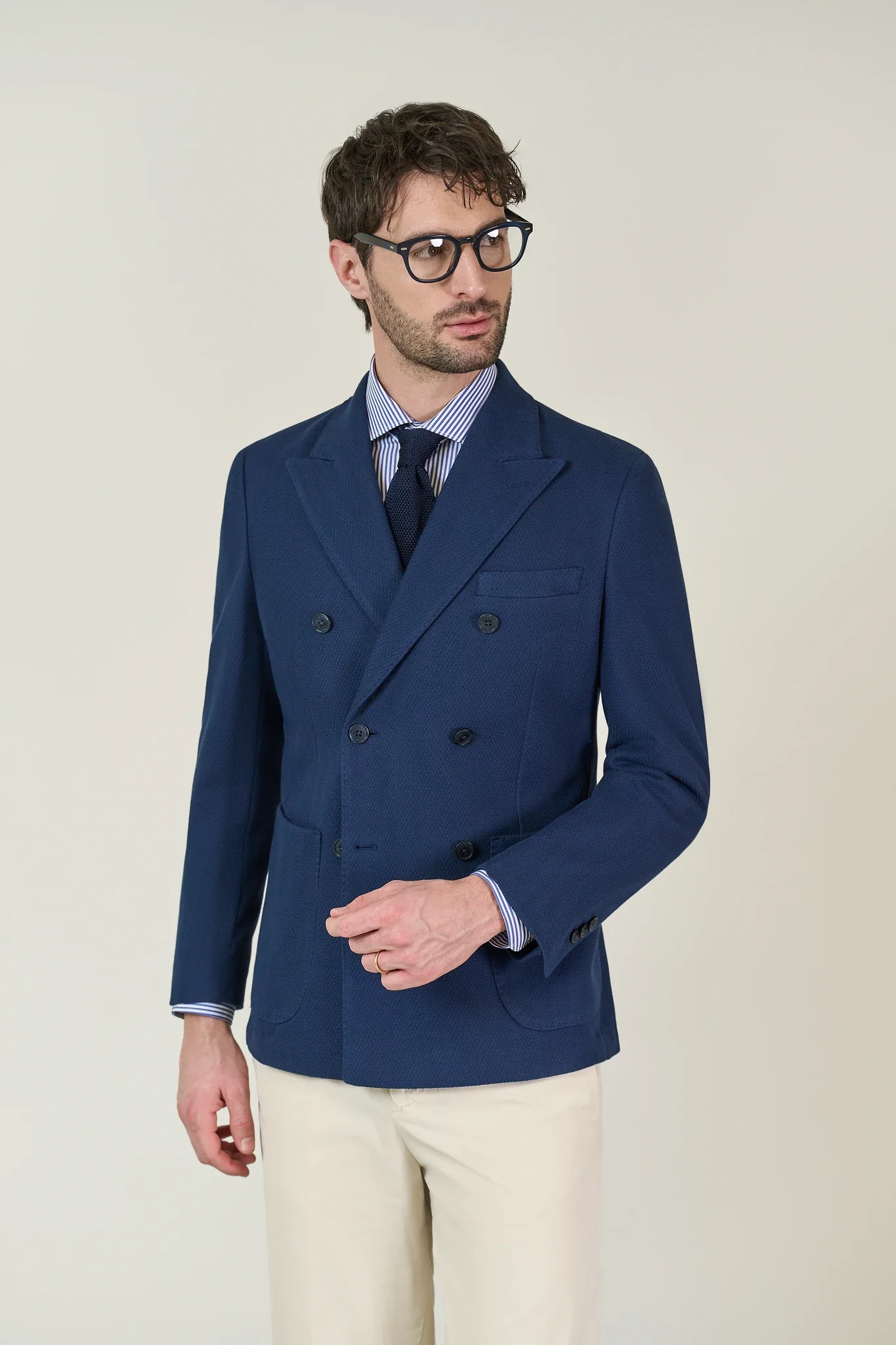 Image of Giacca blu doppiopetto jersey resca custom fit