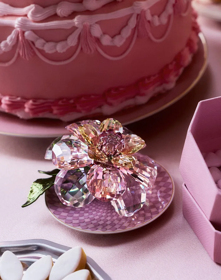 Florere Camelia Swarovski su una tavola rosa