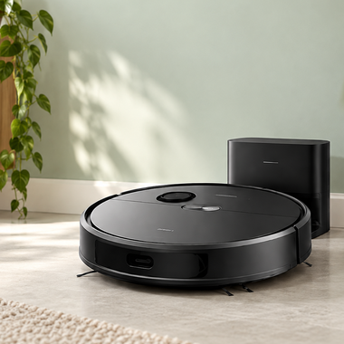 Black robot vacuum with charging dock on living-room floor beside rug and potted plant, automated floor cleaner