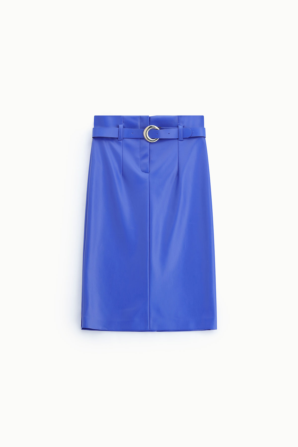 Cobalt blue faux-leather knee-length pencil skirt with matching belt and gold circular buckle on white background