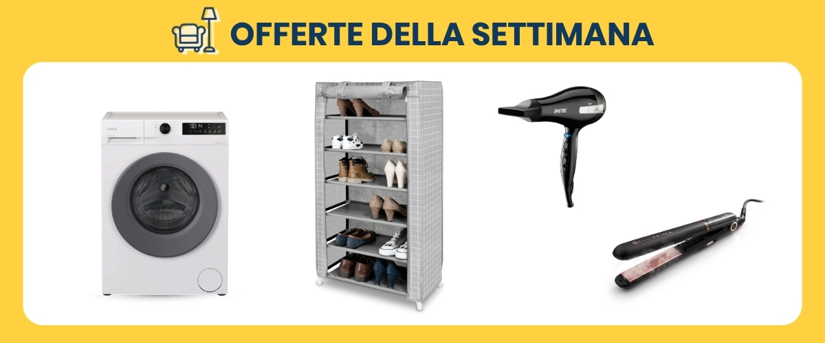 Weekly deals banner ('Offerte della settimana') featuring a white front-load washing machine, fabric-covered shoe rack with shoes, black hair dryer and hair straightener