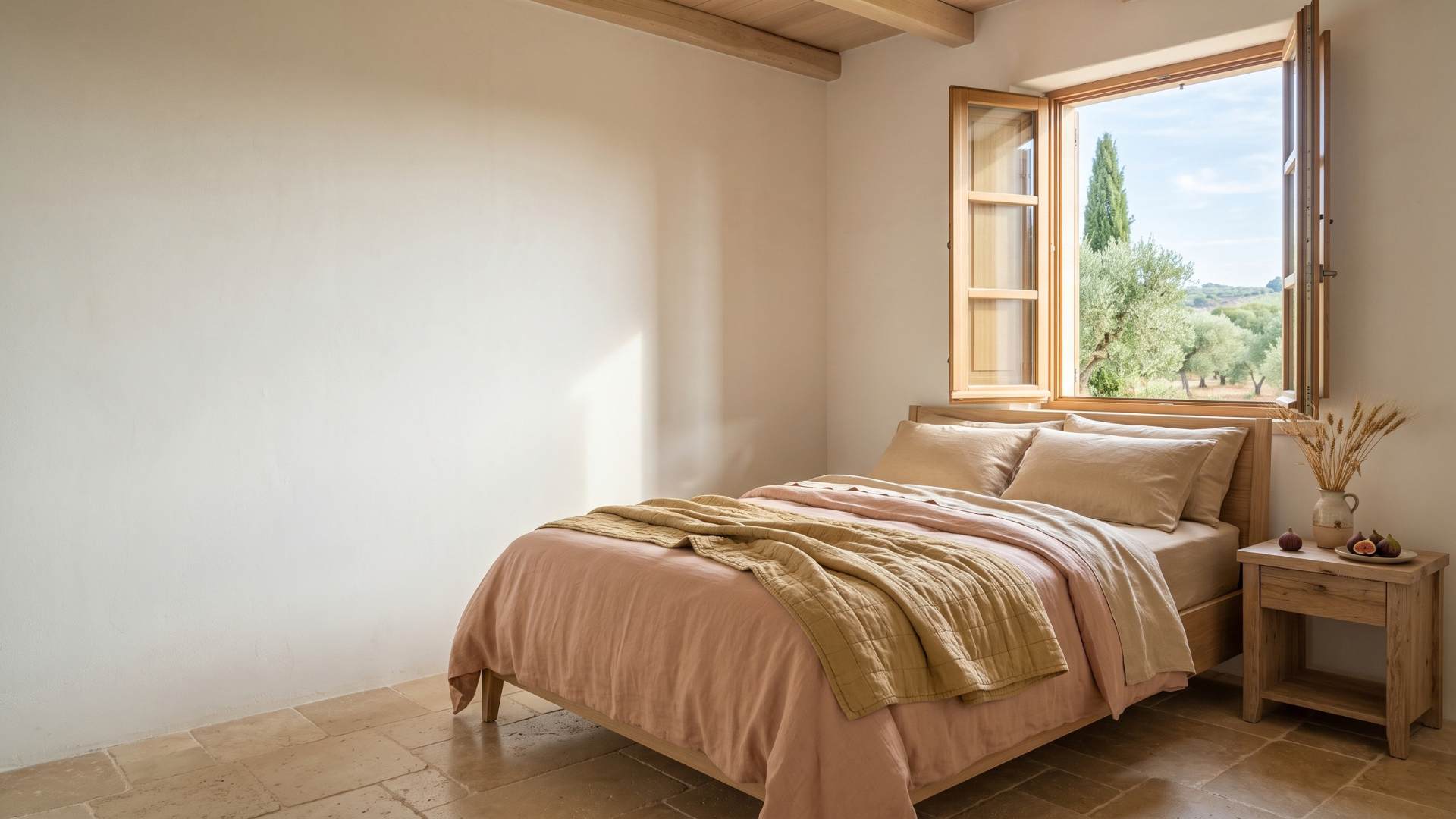 Benvenuto Autunno: un letto in lino rosa e tweed di cotone in una camera luminosa