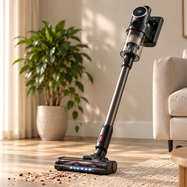 Cordless stick vacuum cleaning crumbs on hardwood floor beside rug in bright living room with sofa and potted plant