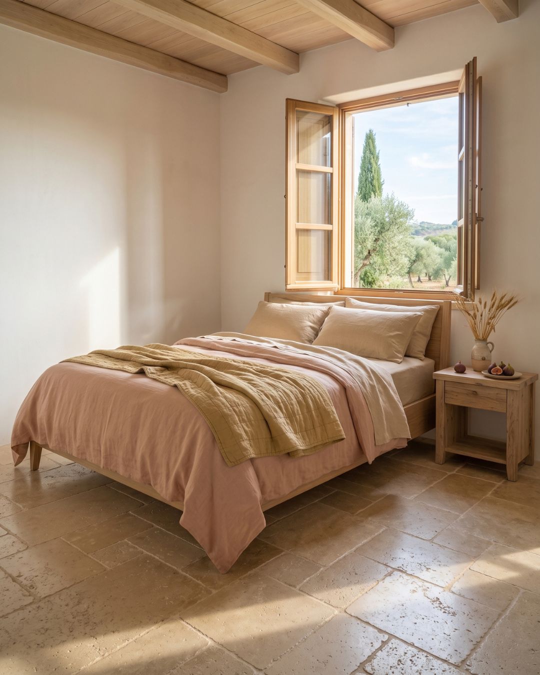 Benvenuto Autunno: un letto in lino rosa e tweed di cotone in una camera luminosa