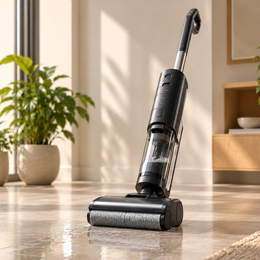 Cordless electric wet‑dry floor cleaner with rotating roller brush removing water from a tiled living-room floor