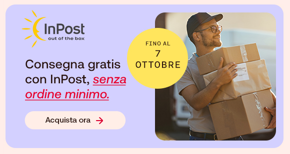 “Consegna gratis con InPost, senza ordine minimo” fino al 7 Ottobre. Pulsante “Acquista ora”. Immagine di un corriere con diversi pacchi.