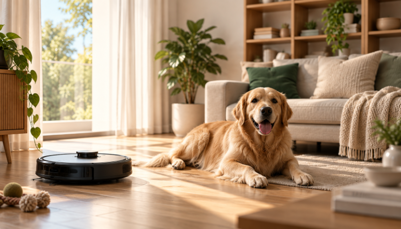 Golden retriever lying on sunlit living room floor next to a robotic vacuum cleaner in a cosy, plant-filled lounge