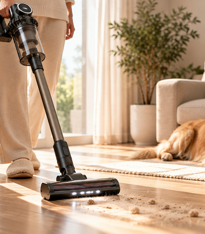 Cordless stick vacuum cleaning dusty hardwood floor in sunlit living room, person holding device and dog resting on rug.