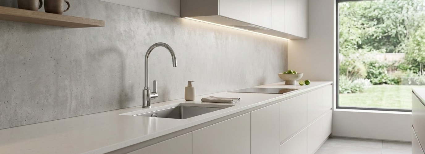 Minimalist white kitchen countertop with stainless gooseneck faucet, undermount sink, soap dispenser, induction hob and garden window