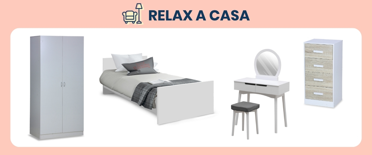 Relax A Casa bedroom furniture: wardrobe, single bed, dressing table with mirror & stool, chest of drawers