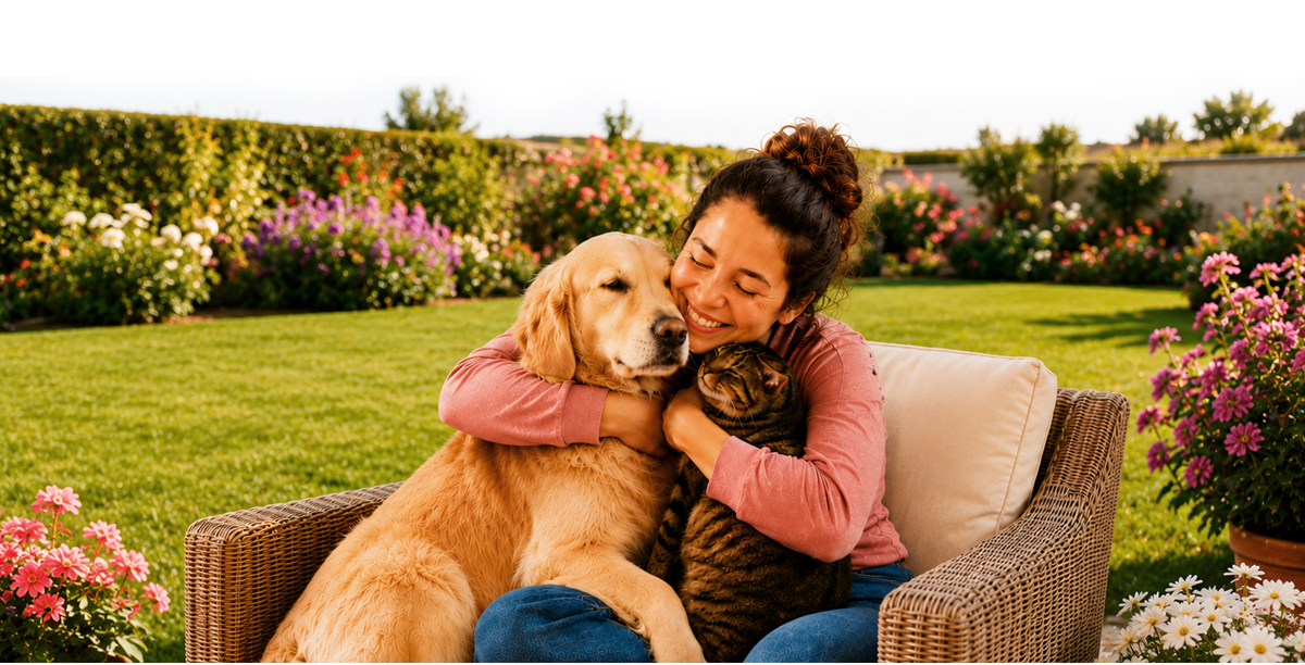 Donna seduta in giardino abbraccia con affetto il suo cane e il suo gatto.