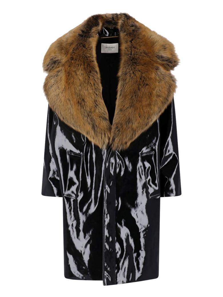 Saint Laurent - Cappotto in tela verniciata e shearling