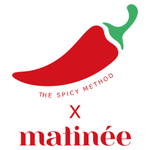 Red chilli pepper logo with green stem, curved text 'THE SPICY METHOD' above and 'matinée' in red below