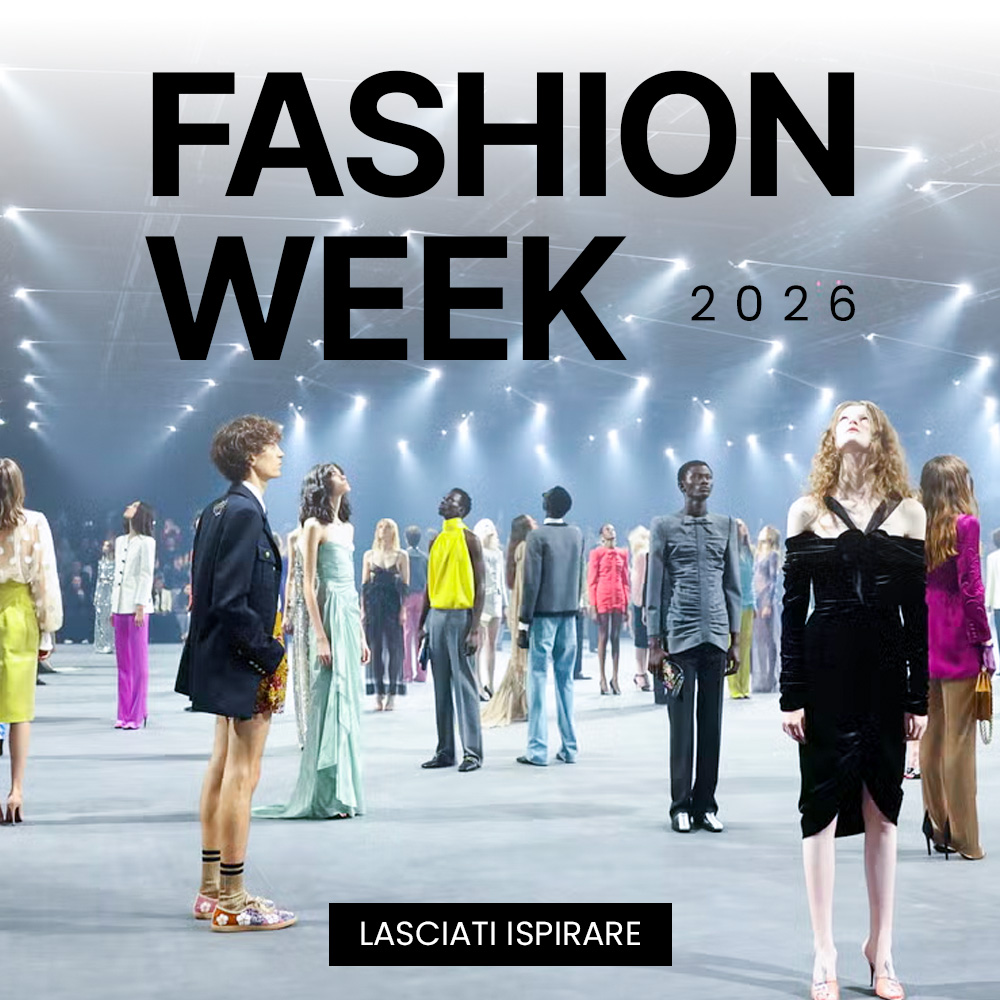 Fashion Week 2026 runway: diverse models standing in spotlight on wide catwalk, eveningwear and bold street styles