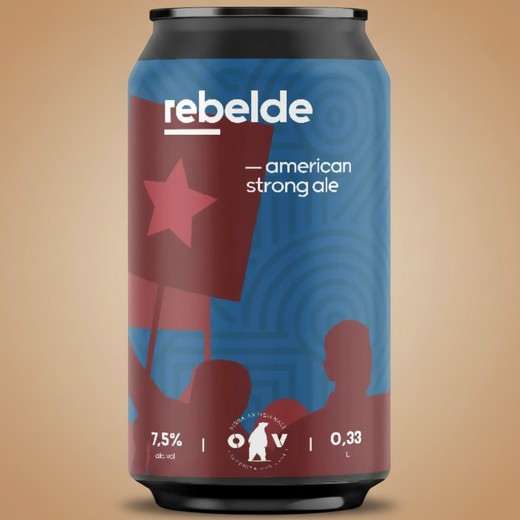 Can of "rebelde" American strong ale with a red star and silhouettes of people.