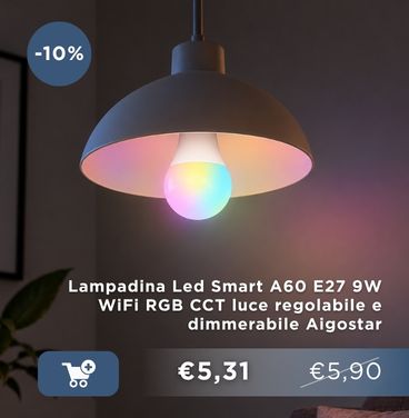 Smart LED A60 E27 9W bulb (WiFi, RGB CCT, dimmable) glowing in pendant lamp, product discount badge and price display