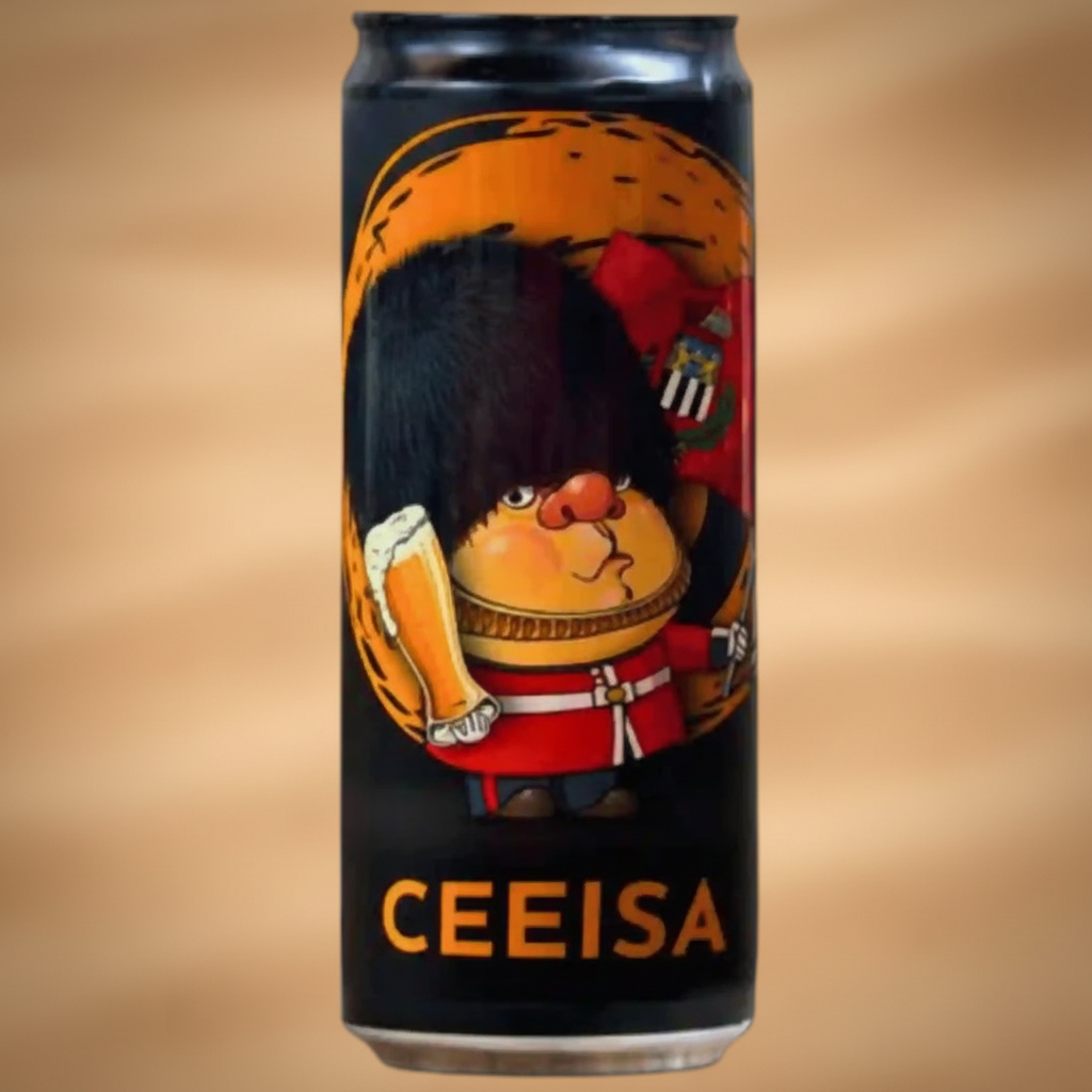 A can of "CEEISA" beer featuring a cartoon of a soldier with a beer.