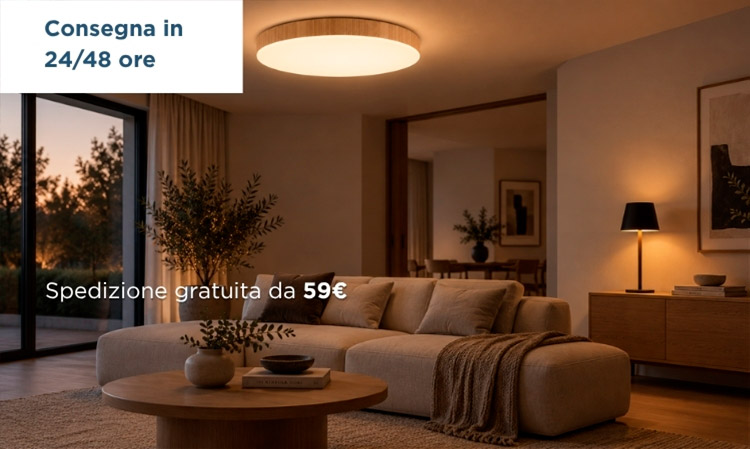 Warm modern living room with beige sofa, round wooden coffee table, soft rug and ambient ceiling and lamp lighting at dusk