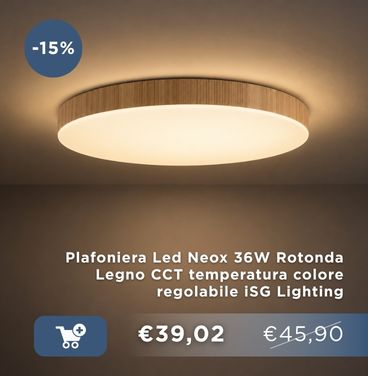 Round 36W LED ceiling light with wooden rim, dimmable CCT adjustable warm-to-cool, lit on ceiling with 15% sale badge