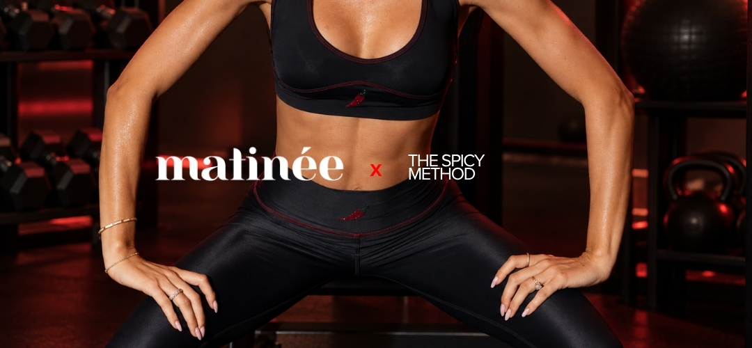 Cropped torso of a fit woman in black sports bra and leggings squatting in gym with 'matinée x The Spicy Method' logo overlay