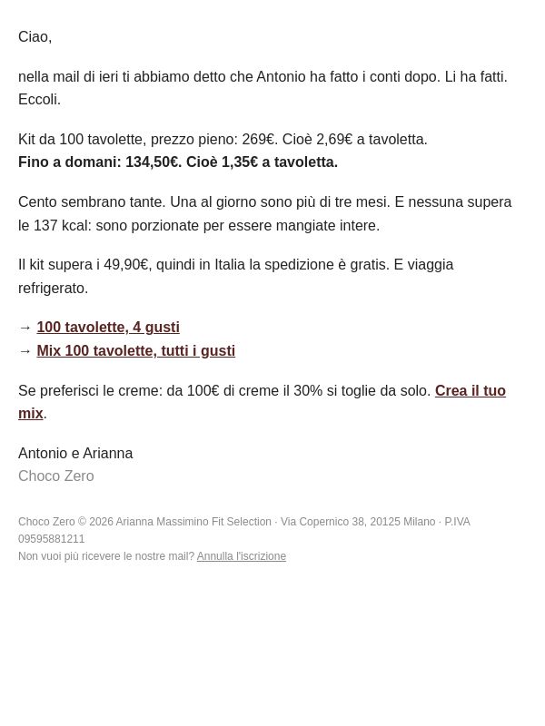 Antonio ha fatto i conti dopo. Eccoli.
