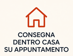 Red house icon above Italian text 'Consegna dentro casa su appuntamento', indicating delivery inside home by appointment