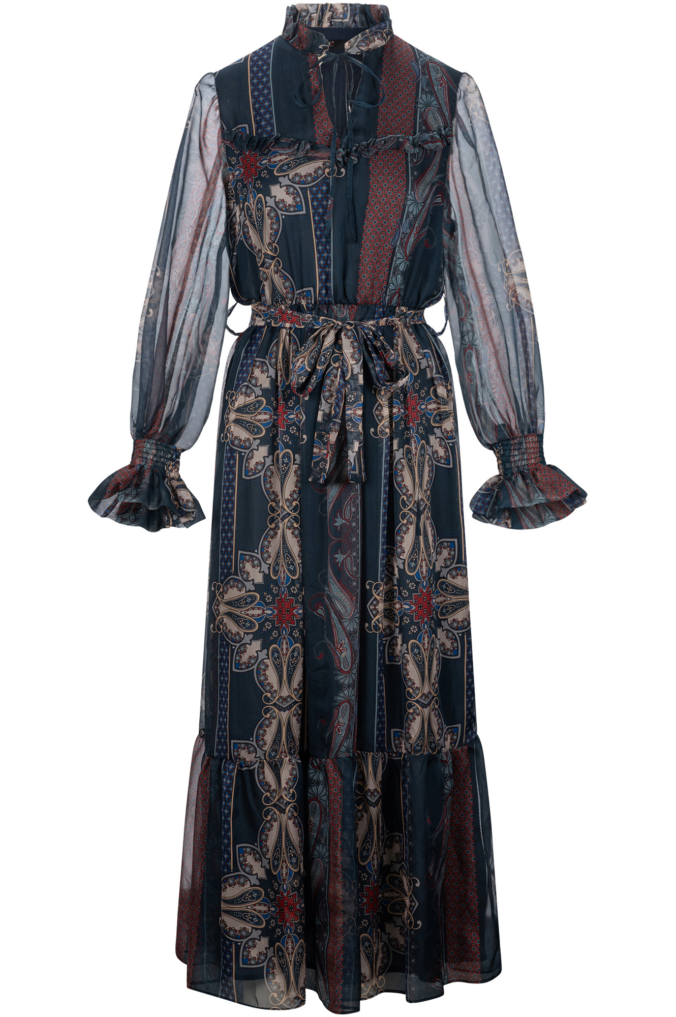 Image of abito lungo con balza stampato foulard multidenim