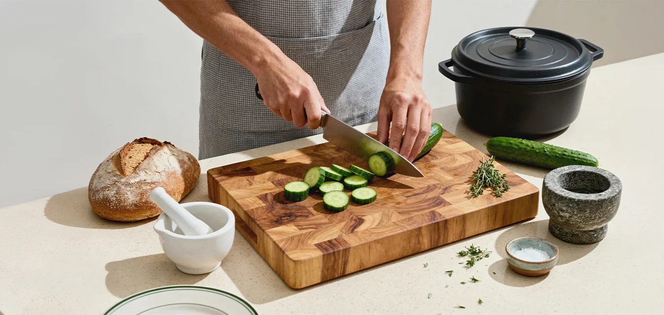 Persona con grembiule taglia un cetriolo su un tagliere di legno con pane, mortaio e pestello, erbe aromatiche e pentola in ghisa sul piano della cucina.