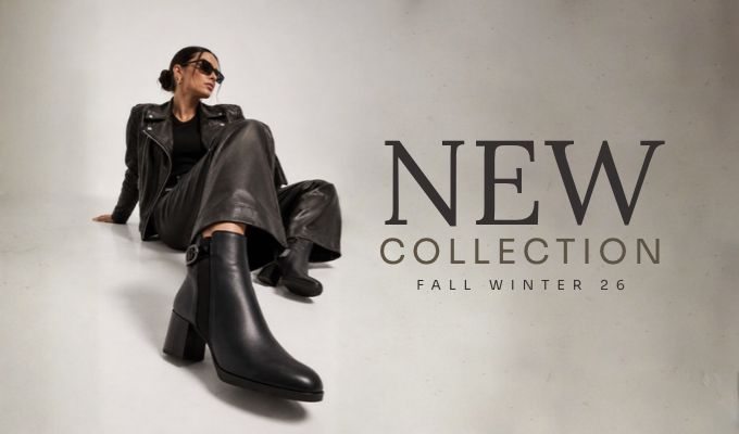 Model in black leather jacket, skirt and ankle boots posed on floor beside text 'New Collection Fall Winter 26'