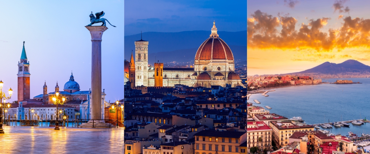 Triptych of Italian landmarks: St Mark's Square with lion column, Florence Cathedral (Duomo) at dusk, Naples bay and Mount Vesuvius