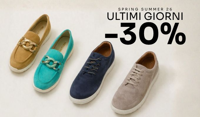 Four suede casual shoes (tan, turquoise, navy, grey) displayed beside 'Ultimi Giorni -30%' Spring Summer 26 sale text
