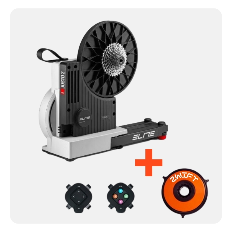 Elite Justo smart direct-drive bike trainer with fitted cassette, two remote controls and orange Zwift trainer accessory