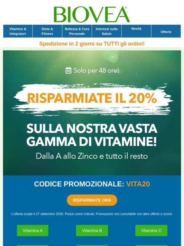 Risparmiate il 20% sulla nostra vasta gamma di vitamine!