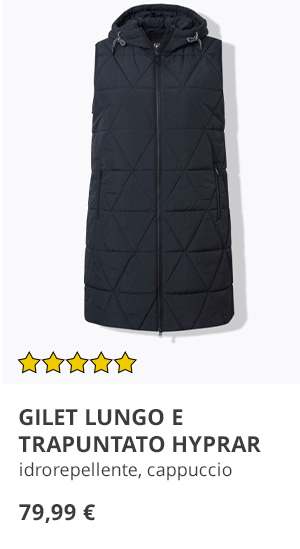 Stilosissimo gilet lungo trapuntato con cappuccio per giornate fresche