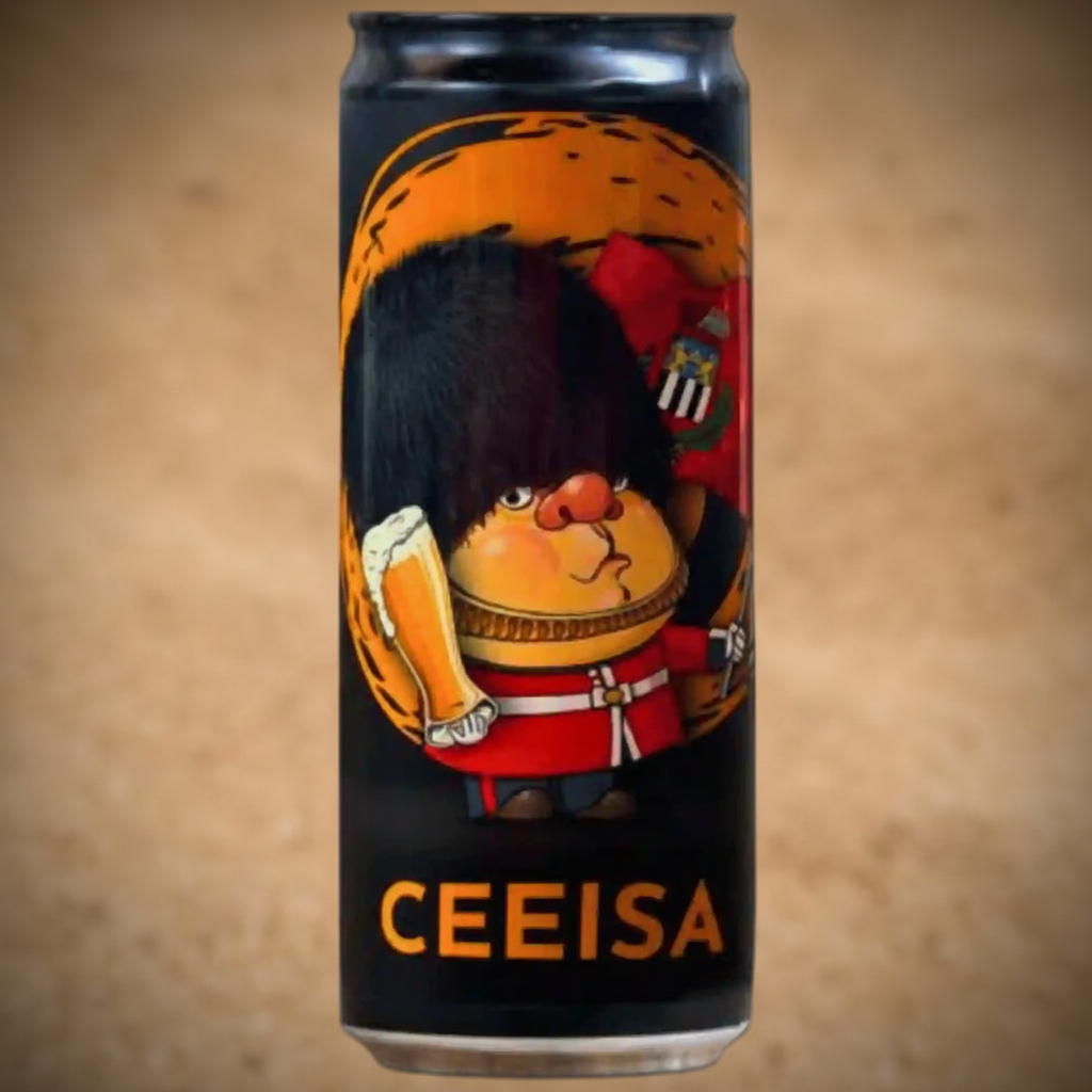 A can of CEEISA beer features a cartoon of a bear in a British guard uniform holding a beer.