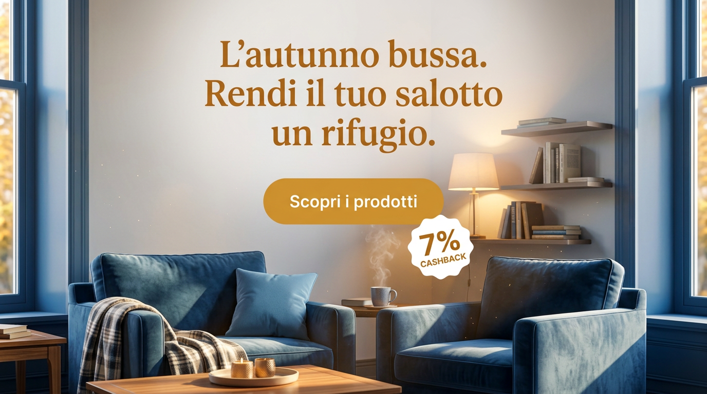 Un salotto autunnale caldo e accogliente, con luci calde e una poltrona pronta ad accoglierti