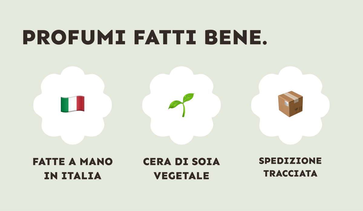 Profumi fatti bene. Fatte a mano in Italia. Cera di soia vegetale. Spedizione tracciata.