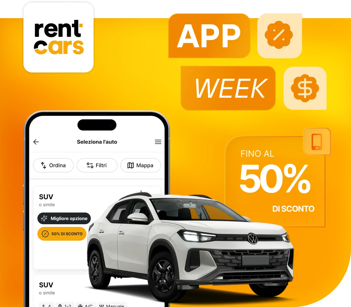 Rentcas: App Week. Fino al 50% di sconto. Rentcas: App Week. Fino al 50% di sconto.